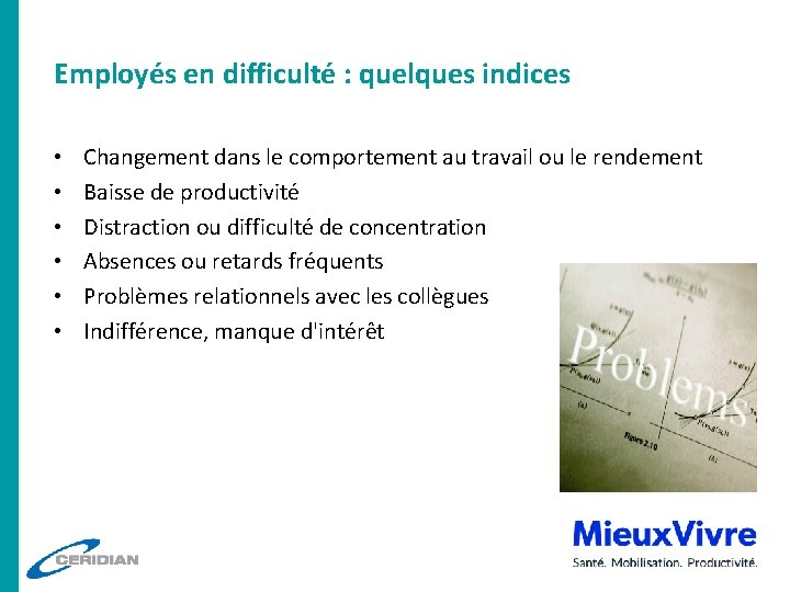 Employés en difficulté : quelques indices • • • Changement dans le comportement au