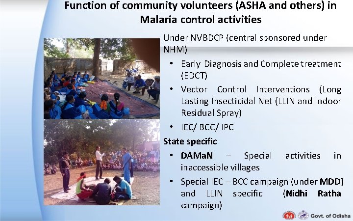 Function of community volunteers (ASHA and others) in Malaria control activities Under NVBDCP (central Function of community volunteers (ASHA and others) in Malaria control activities Under NVBDCP (central