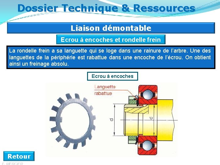 Dossier Technique & Ressources Liaison démontable Ecrou à encoches et rondelle frein La rondelle