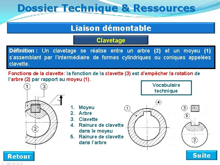 Dossier Technique & Ressources Liaison démontable Clavetage Définition : Un clavetage se réalise entre