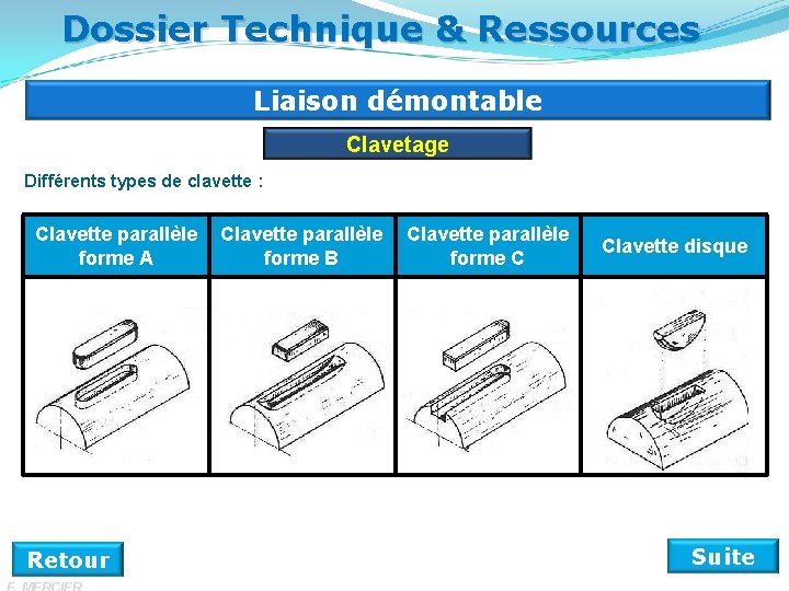 Dossier Technique & Ressources Liaison démontable Clavetage Différents types de clavette : Clavette parallèle