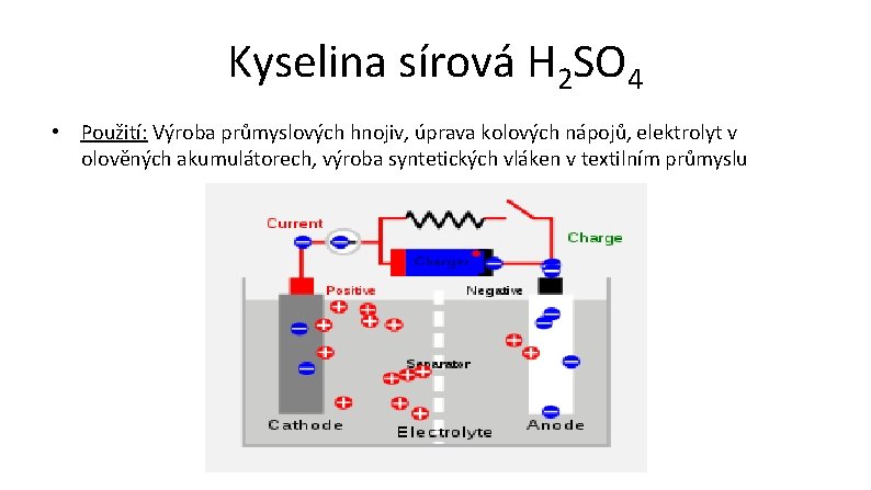 Kyselina sírová H 2 SO 4 • Použití: Výroba průmyslových hnojiv, úprava kolových nápojů,