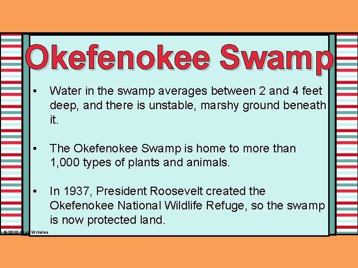 Okefenokee Swamp • Water in the swamp averages between 2 and 4 feet deep,