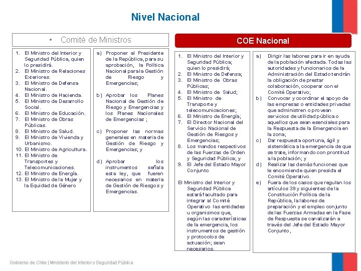 Nivel Nacional • Comité de Ministros 1. El Ministro del Interior y Seguridad Pública,