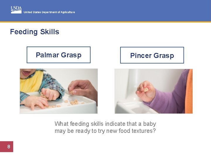 Feeding Skills Palmar Grasp Pincer Grasp What feeding skills indicate that a baby may