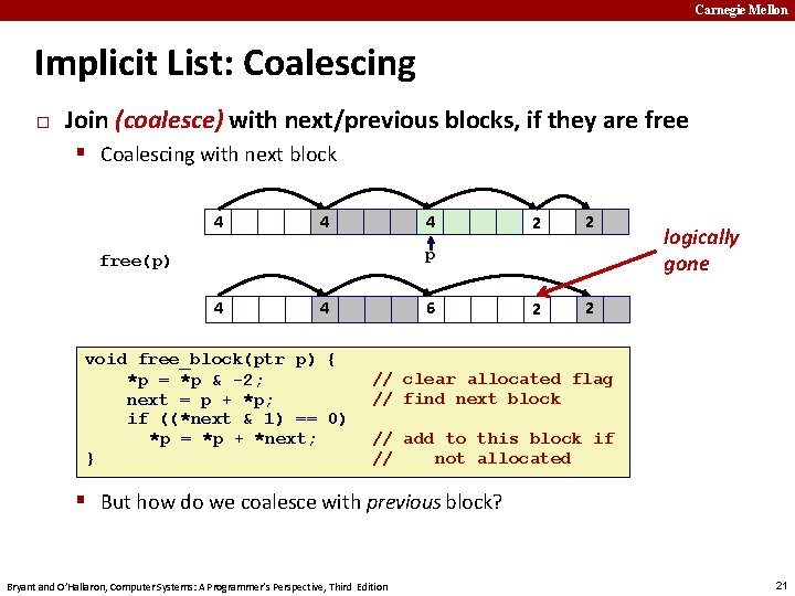 Carnegie Mellon Implicit List: Coalescing � Join (coalesce) with next/previous blocks, if they are