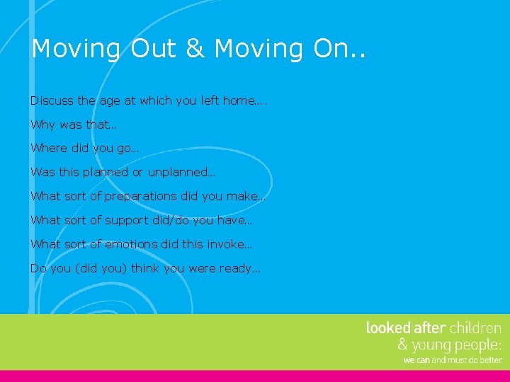 Moving Out & Moving On. . Discuss the age at which you left home….