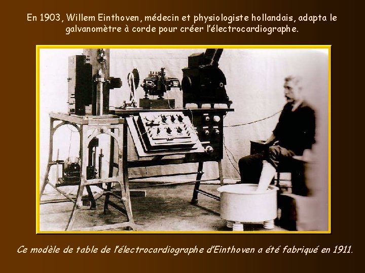 En 1903, Willem Einthoven, médecin et physiologiste hollandais, adapta le galvanomètre à corde pour En 1903, Willem Einthoven, médecin et physiologiste hollandais, adapta le galvanomètre à corde pour