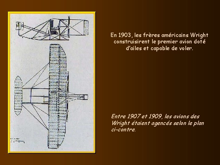En 1903, les frères américains Wright construisirent le premier avion doté d’ailes et capable En 1903, les frères américains Wright construisirent le premier avion doté d’ailes et capable