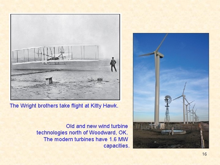 The Wright brothers take flight at Kitty Hawk. Old and new wind turbine technologies