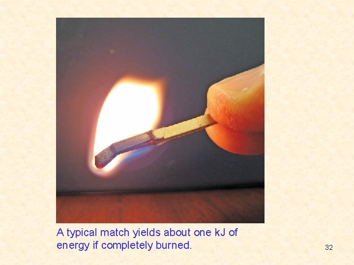 A typical match yields about one k. J of energy if completely burned. 32