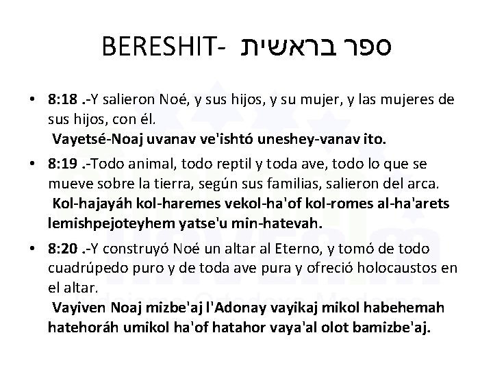 BERESHIT- בראשית ספר • 8: 18. -Y salieron Noé, y sus hijos, y su