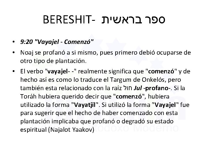 BERESHIT- בראשית ספר • 9: 20 "Vayajel - Comenzó" • Noaj se profanó a