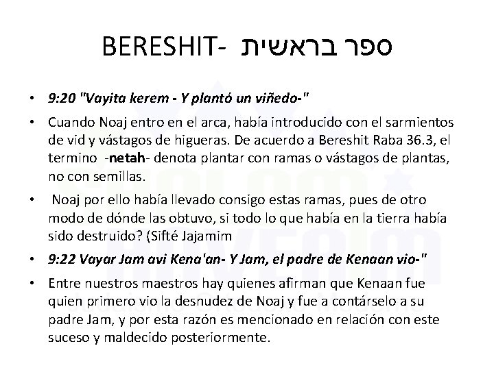 BERESHIT- בראשית ספר • 9: 20 "Vayita kerem - Y plantó un viñedo-" •