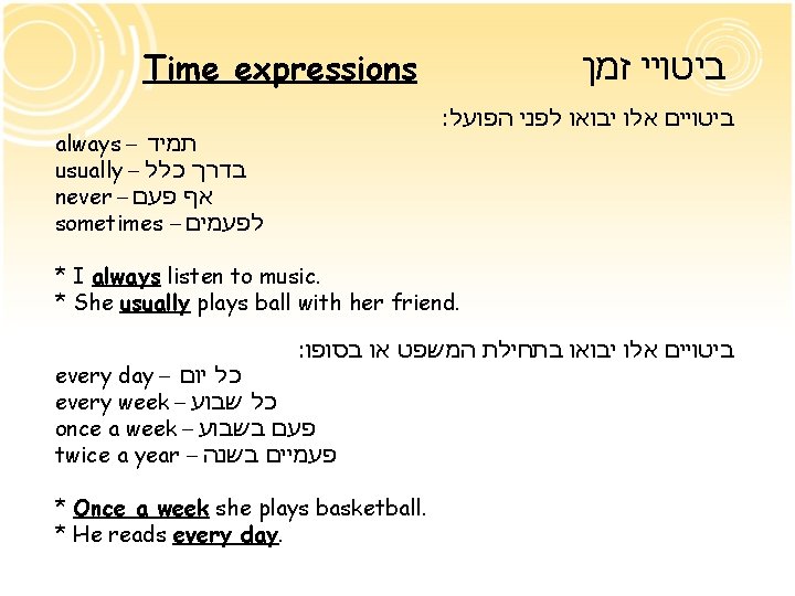 Time expressions ביטויי זמן : ביטויים אלו יבואו לפני הפועל always – תמיד usually