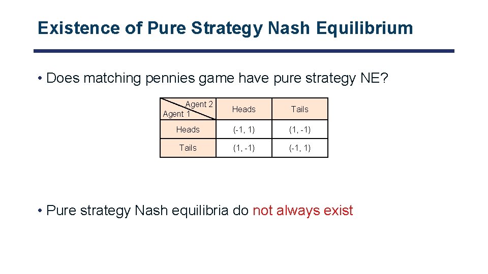 Existence of Pure Strategy Nash Equilibrium • Does matching pennies game have pure strategy