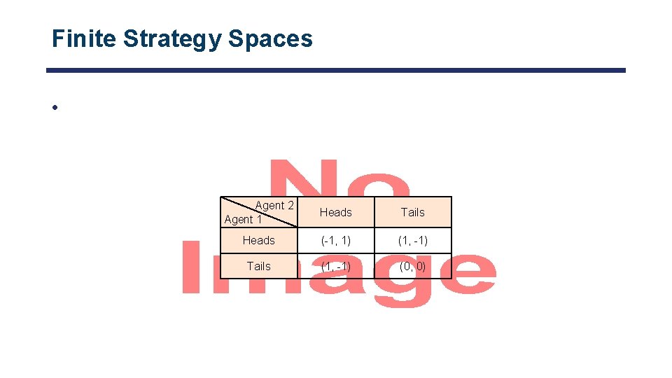 Finite Strategy Spaces • Agent 2 Agent 1 Heads Tails Heads (-1, 1) (1,