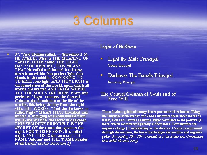 3 Columns Light of Ha. Shem § 37. "And Elohim called. . . "