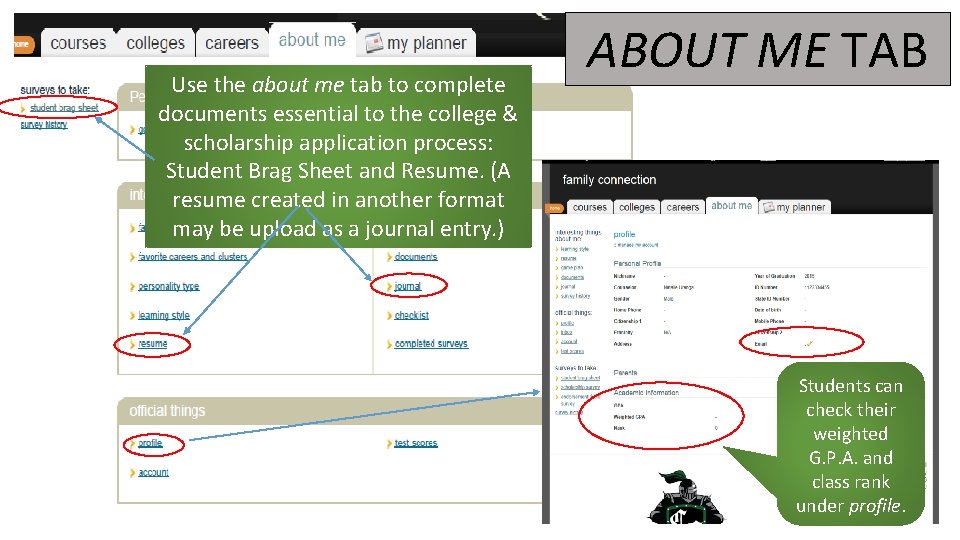 Use the about me tab to complete documents essential to the college & scholarship