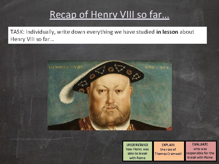 Recap of Henry VIII so far… TASK: Individually, write down everything we have studied