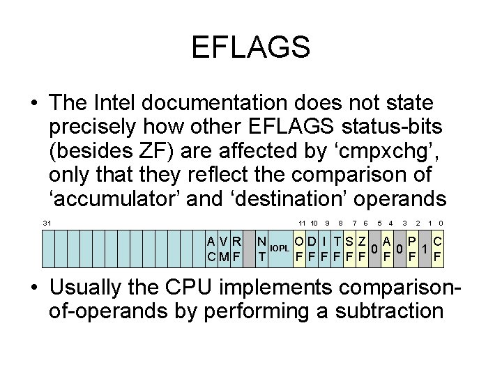 EFLAGS • The Intel documentation does not state precisely how other EFLAGS status-bits (besides EFLAGS • The Intel documentation does not state precisely how other EFLAGS status-bits (besides