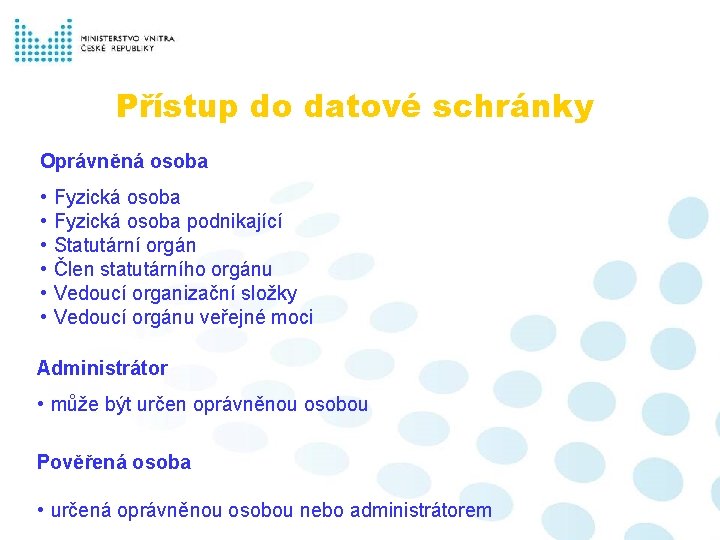 Přístup do datové schránky Oprávněná osoba • • • Fyzická osoba podnikající Statutární orgán