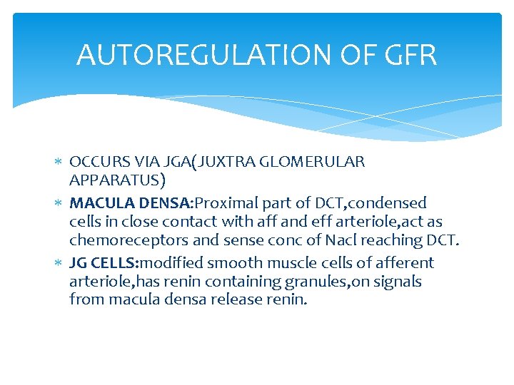AUTOREGULATION OF GFR OCCURS VIA JGA(JUXTRA GLOMERULAR APPARATUS) MACULA DENSA: Proximal part of DCT,