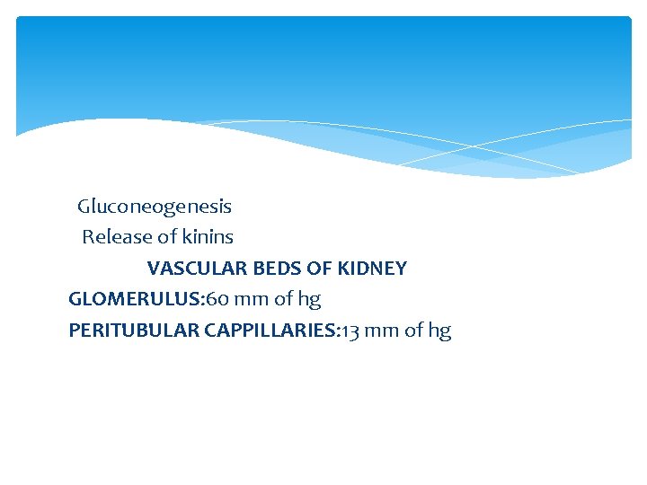 Gluconeogenesis Release of kinins VASCULAR BEDS OF KIDNEY GLOMERULUS: 60 mm of hg PERITUBULAR
