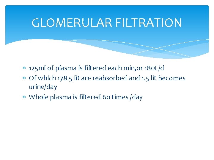 GLOMERULAR FILTRATION 125 ml of plasma is filtered each min, or 180 L/d Of