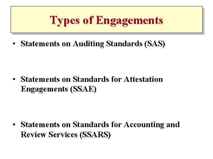 Types of Engagements • Statements on Auditing Standards (SAS) • Statements on Standards for