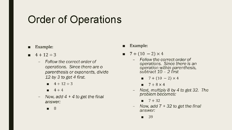 Number Operation Order ALGEBRA SKILLS REVIEWS NUMBER SENSE Number Sets The