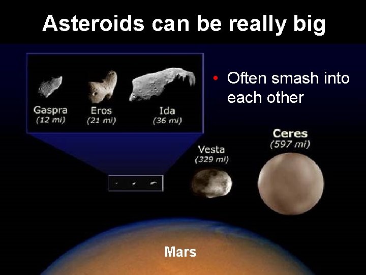 Asteroids can be really big • Often smash into each other Mars 