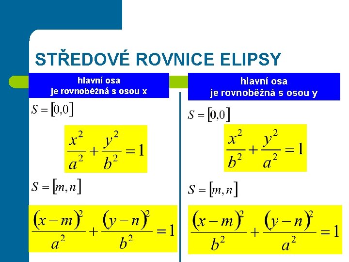 STŘEDOVÉ ROVNICE ELIPSY hlavní osa je rovnoběžná s osou x hlavní osa je rovnoběžná