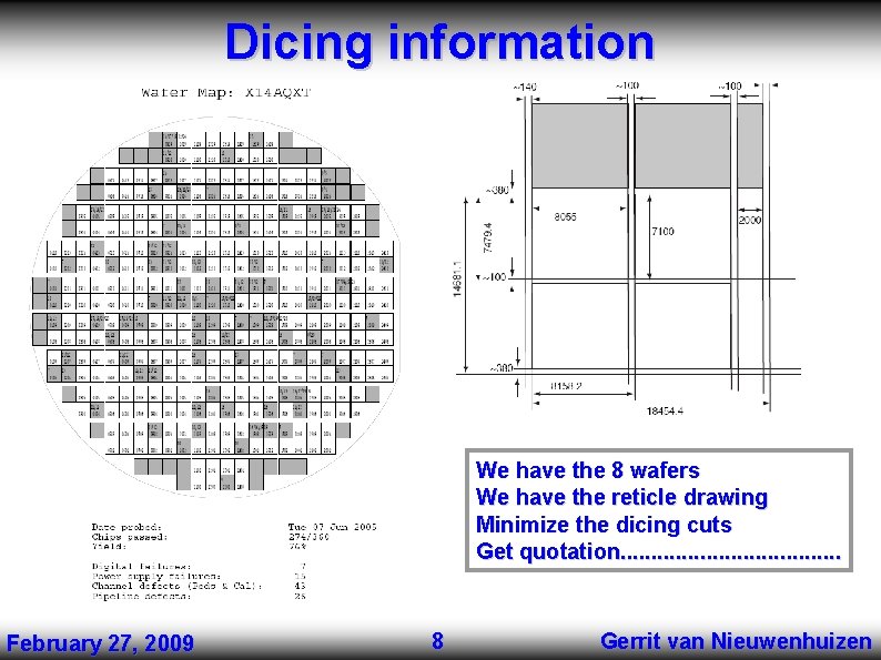 Dicing information We have the 8 wafers We have the reticle drawing Minimize the