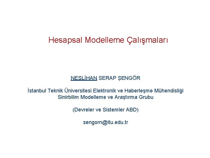 Hesapsal Modelleme Çalışmaları NESLİHAN SERAP ŞENGÖR İstanbul Teknik Üniversitesi Elektronik ve Haberleşme Mühendisliği Sinirbilim