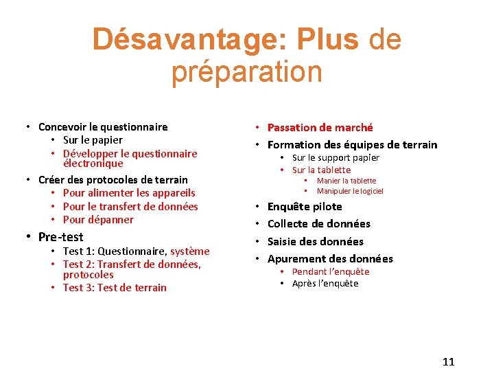 Désavantage: Plus de préparation • Concevoir le questionnaire • Sur le papier • Développer Désavantage: Plus de préparation • Concevoir le questionnaire • Sur le papier • Développer
