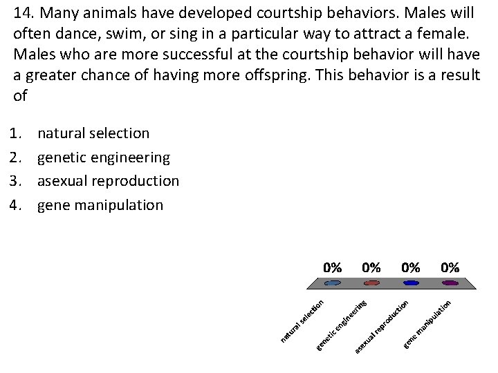 14. Many animals have developed courtship behaviors. Males will often dance, swim, or sing