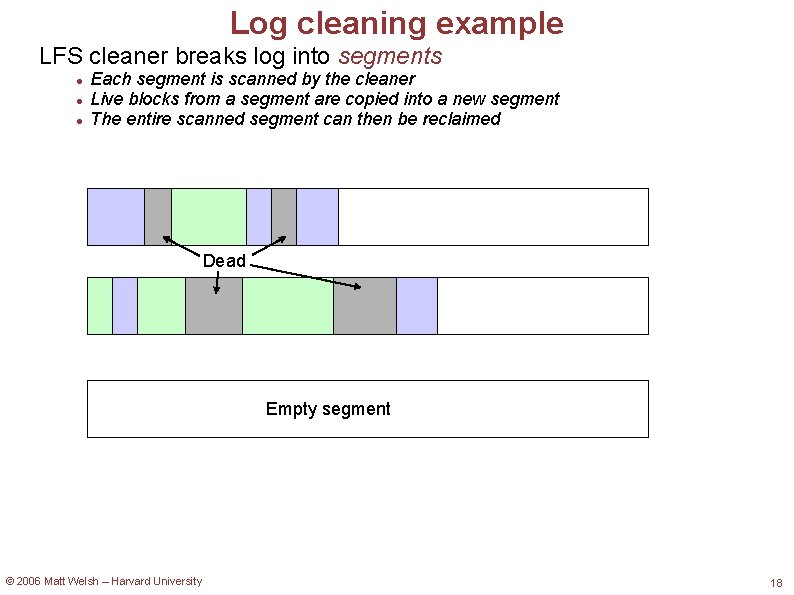 Log cleaning example LFS cleaner breaks log into segments Each segment is scanned by