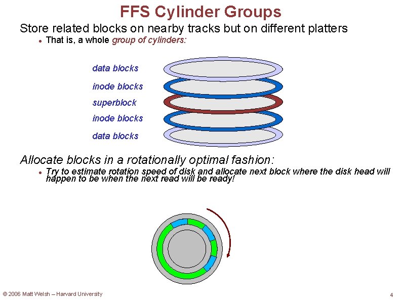 FFS Cylinder Groups Store related blocks on nearby tracks but on different platters That