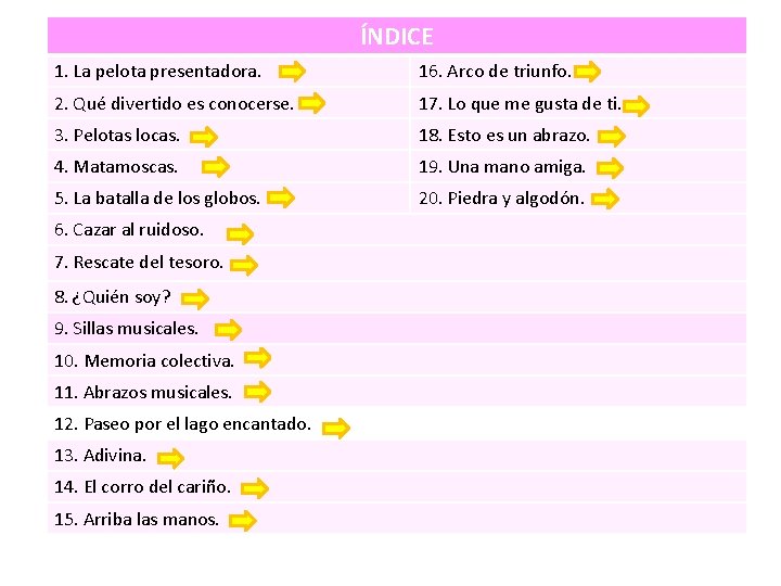 ÍNDICE 1. La pelota presentadora. 16. Arco de triunfo. 2. Qué divertido es conocerse.