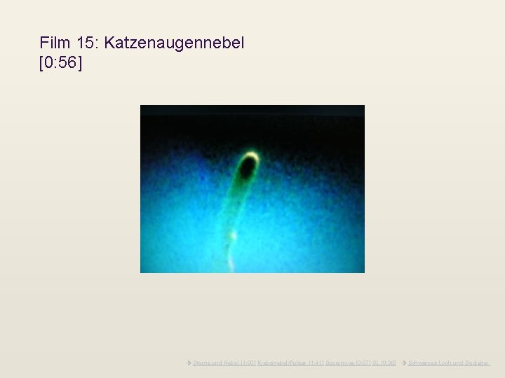Film 15: Katzenaugennebel [0: 56] Sterne und Nebel [1: 00] Krebsnebel/Pulsar [1: 41] Supernova