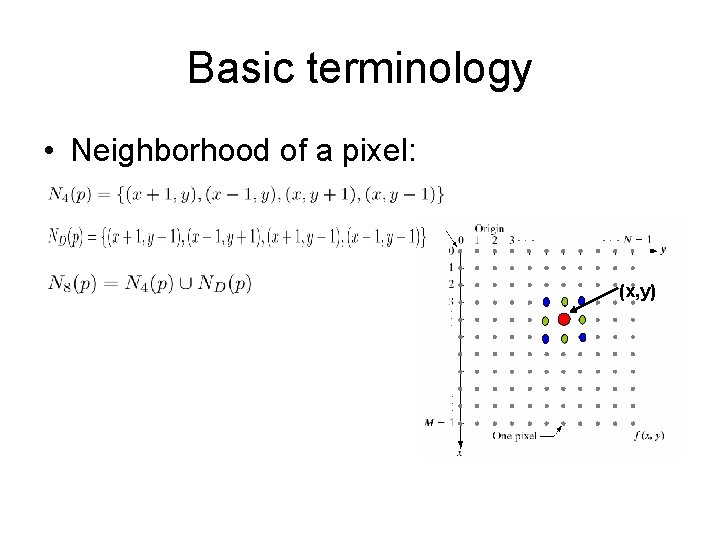 Basic terminology • Neighborhood of a pixel: (x, y) 