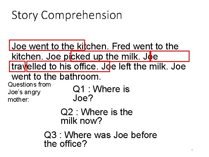 Story Comprehension Joe went to the kitchen. Fred went to the kitchen. Joe picked