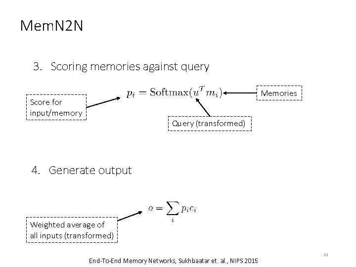 Mem. N 2 N 3. Scoring memories against query Memories Score for input/memory Query