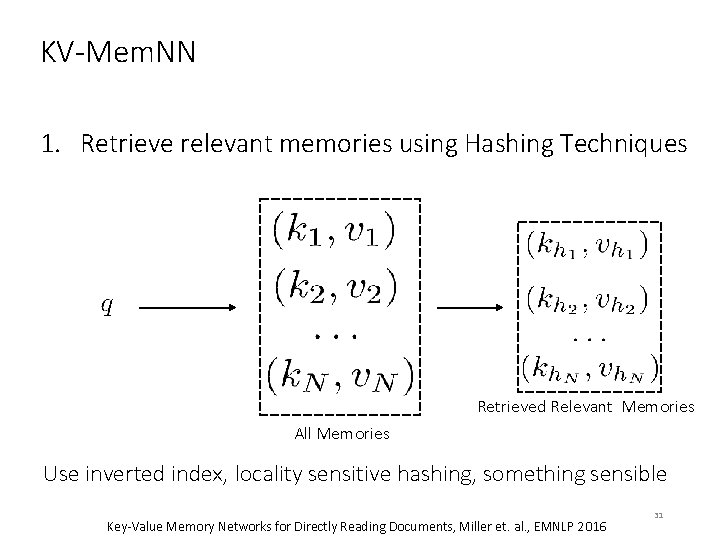 KV-Mem. NN 1. Retrieve relevant memories using Hashing Techniques Retrieved Relevant Memories All Memories