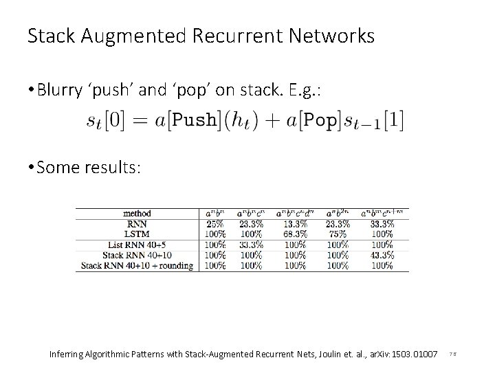 Stack Augmented Recurrent Networks • Blurry ‘push’ and ‘pop’ on stack. E. g. :