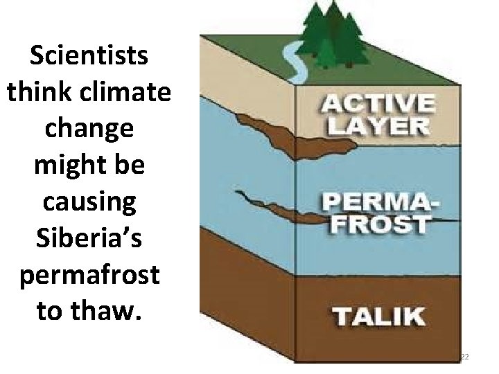Scientists think climate change might be causing Siberia’s permafrost to thaw. 22 Scientists think climate change might be causing Siberia’s permafrost to thaw. 22