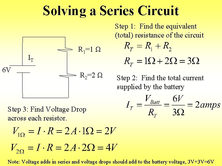 Solving a Series Circuit Step 1: Find the equivalent (total) resistance of the circuit