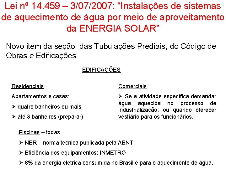 Lei nº 14. 459 – 3/07/2007: “Instalações de sistemas de aquecimento de água por