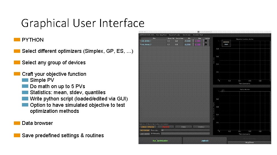 Graphical User Interface PYTHON Select different optimizers (Simplex, GP, ES, …) Select any group